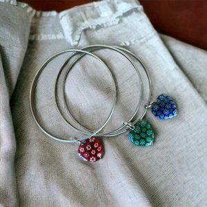 Silver Tone Bangle Bracelet Lot of 3 each with Glass Hearts Blue Green & Red